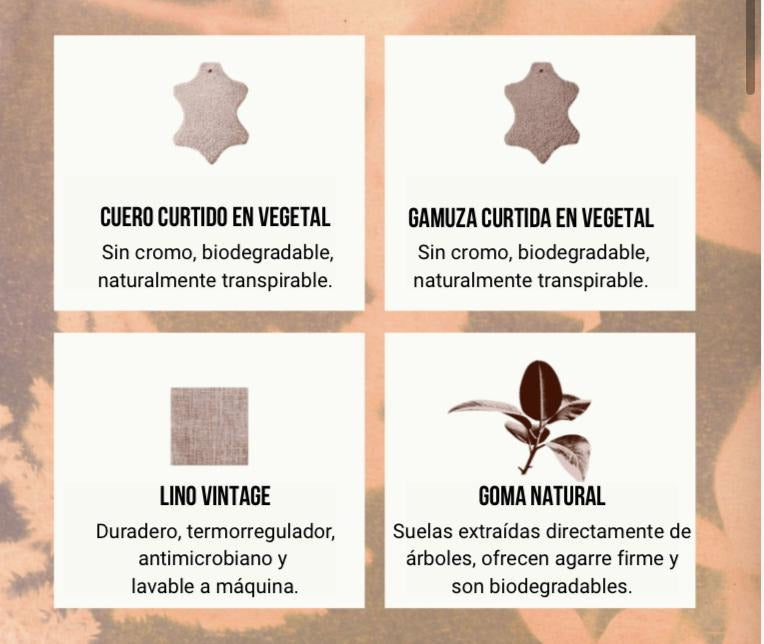 Cuero curtido al vegetal · Gamuza · Lino vintage · Goma natural
